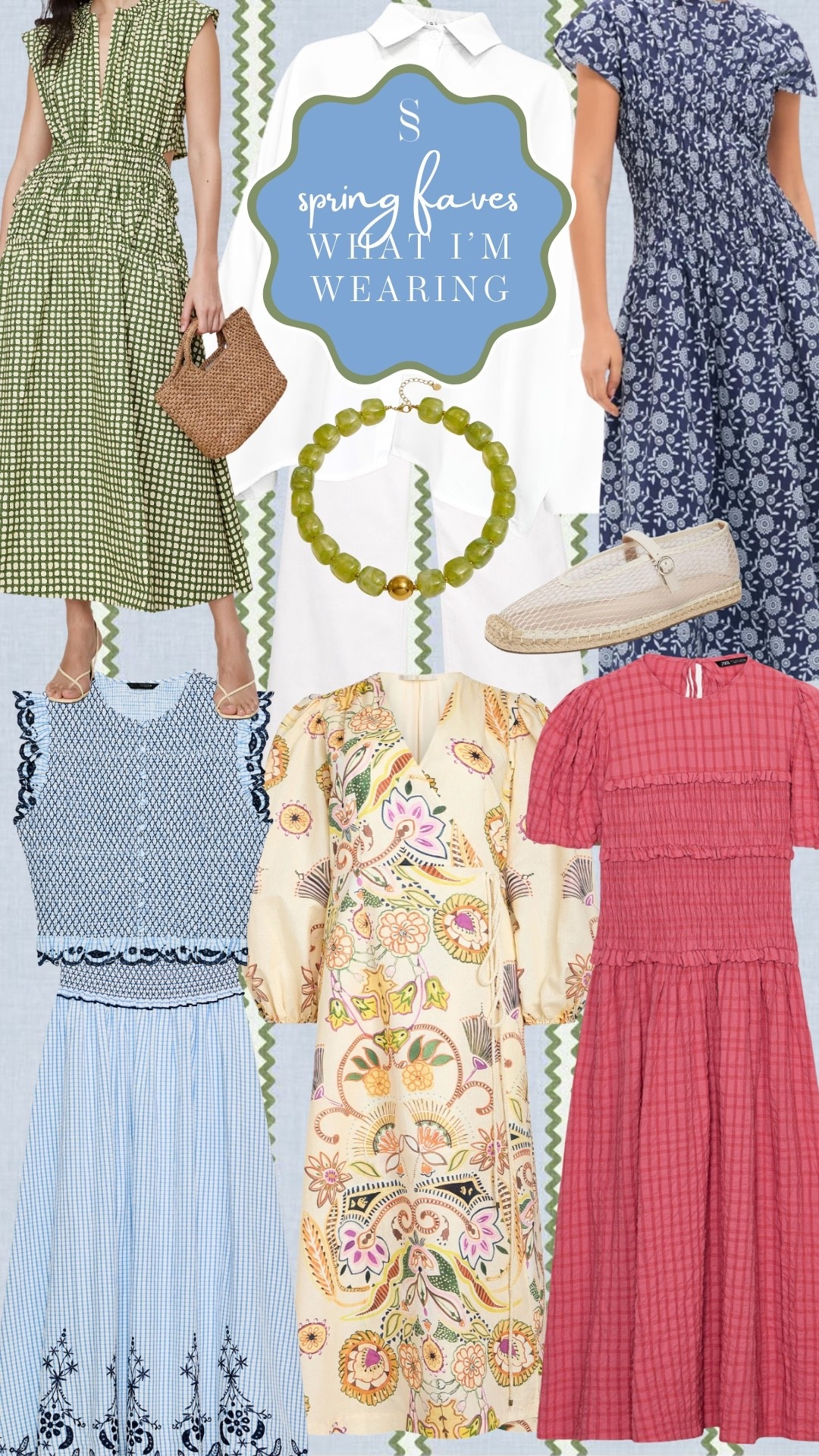 What I wore for my recent photoshoot. Took size medium in all. Here’s sizing notes:

BR Green dress - fits a little over sized but has drawstring cinching so Medium is good for me

Blue block print - fits oversized consider sizing down. 

Zara blue smocked skirt - runs big size down 

Zara blue smocked top - runs slightly small. If bigger chested size up but I like medium on me 

Marie Oliver Dress - runs oversized. Consider sizing down 

Zara pink dress - runs small. I got size M/L and it’s snug!

White Amazon button down - true to size 