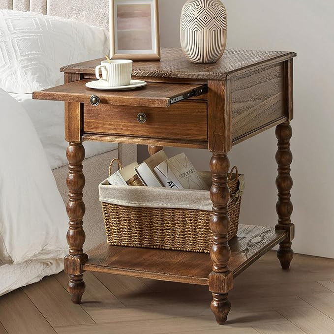 HULALA HOME Spindle Nightstands with Charging Station, Solid Wood Nightstand with Drawer Shelf, S... | Amazon (US)