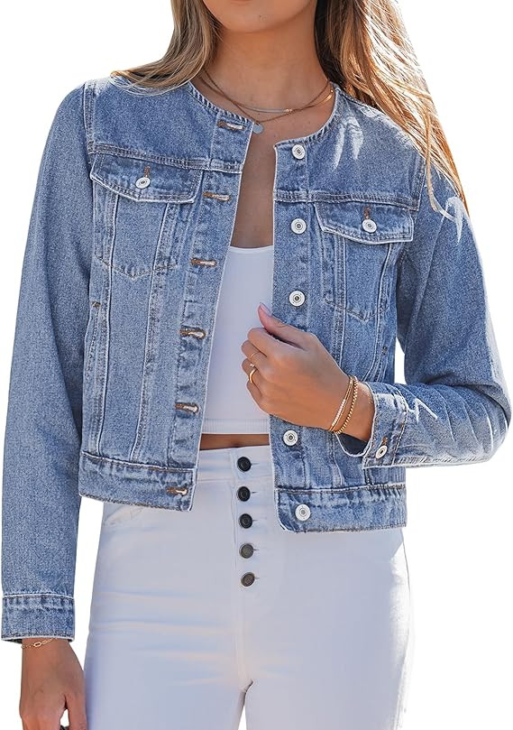 luvamia Jean Jacket Women Trendy Collarless Button Down Long Sleeve Casual Western Denim Jacket C... | Amazon (US)