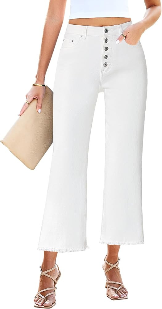 GRAPENT Capri Jeans for Women Trendy High Waisted Wide Leg Flare Button Fly Stretchy Denim Pants ... | Amazon (US)