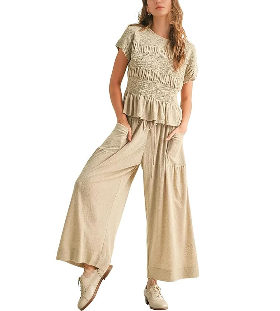 Colorful world 2 Piece Sets for Women summer Lounge Sets Crew Neck Top Wide Leg Pants Cotton Comf... | Amazon (US)