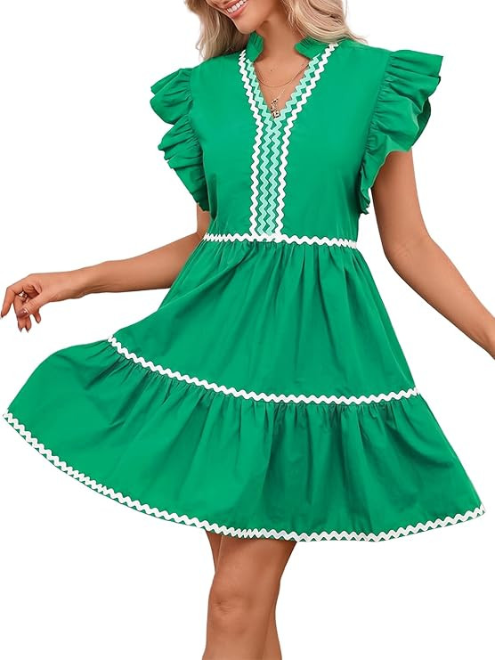 LifeShe Women's Summer Mini Dress V Neck Flutter Sleeve Babydoll Dresses Striped Ruffle A Line Be... | Amazon (US)