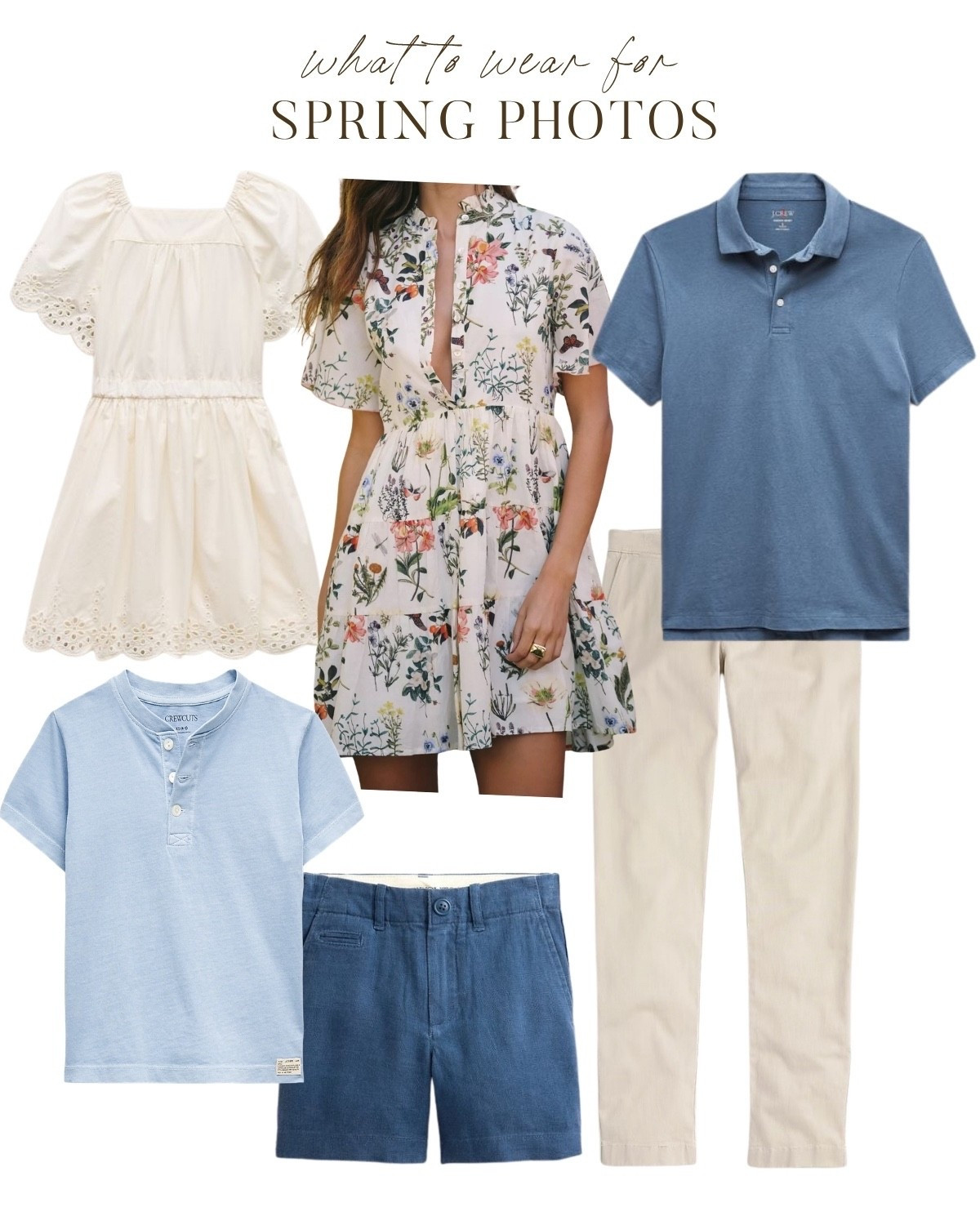 A spring 2026 family photo look built around this stunning botanical print dress from Anthropologie. The cream base with pops of blue, green, and coral makes it one of the easiest dresses to coordinate a family around. Pull the blue tones from the print and dress dad and the boys in blue and khaki from J.Crew. A cream eyelet dress for little girls ties it all together beautifully. This dress works just as well as an Easter dress or a summer wedding guest look as it does in front of a camera. A versatile, gorgeous piece that earns its place in your closet well beyond spring 2026. 

#LTKKids #LTKSeasonal