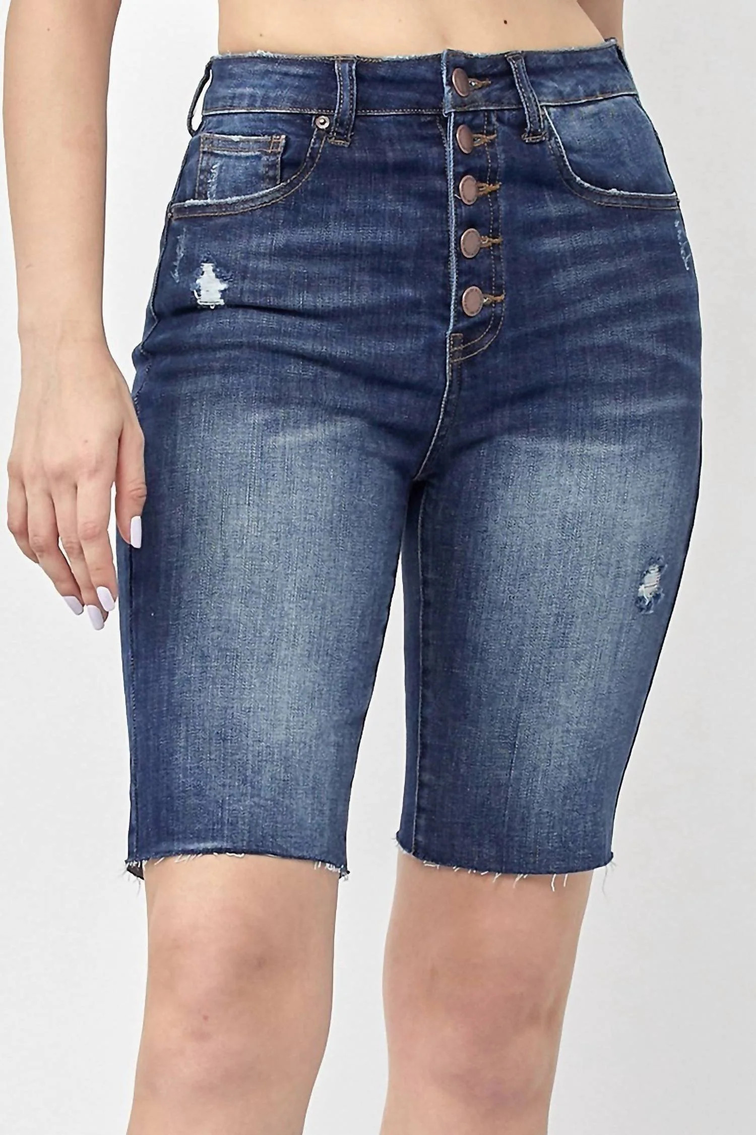 High-Rise Button Fly Bermuda Shorts In Denim | Shop Simon