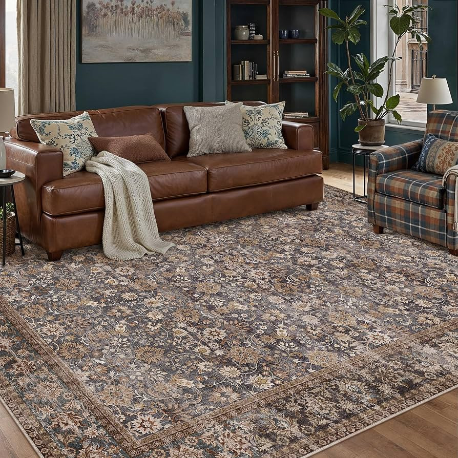 HUGEAR 8x10 Machine Washable Rugs Tradition Brown Hallway Large Area Rug Indoor Accent Rug Floral... | Amazon (US)