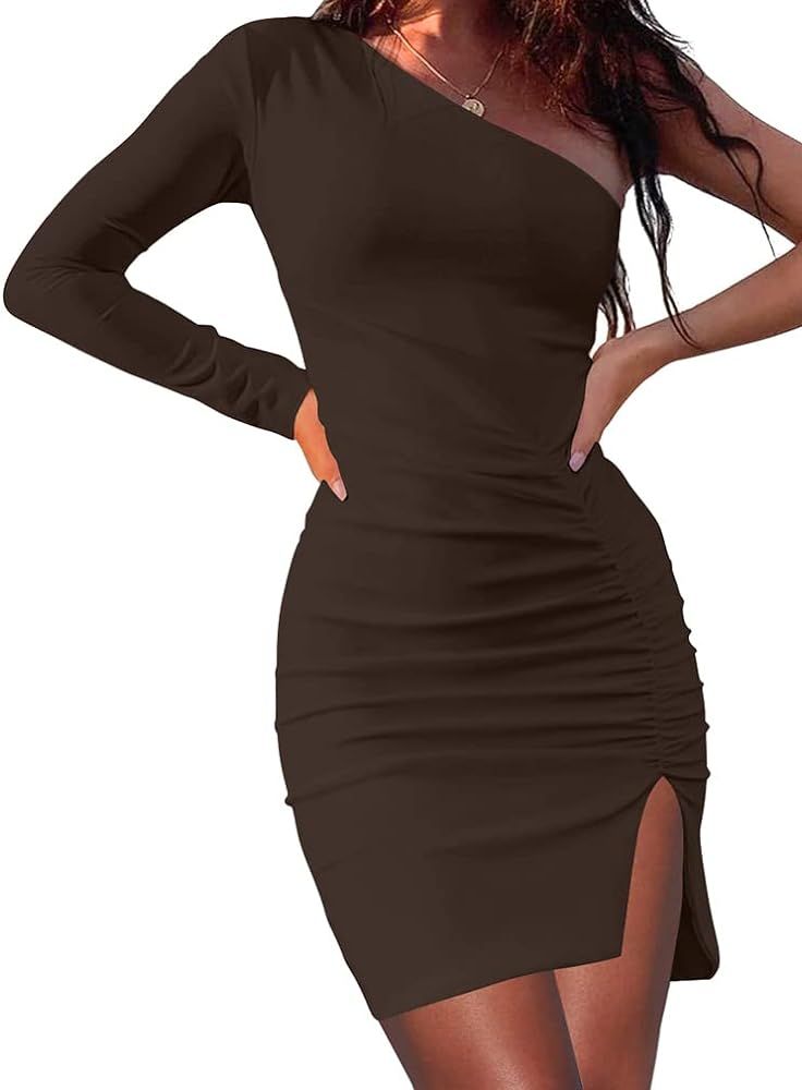 XXTAXN Women's Sexy Elegant One Shoulder Long Sleeve Cocktail Party Split Mini Dress | Amazon (US)