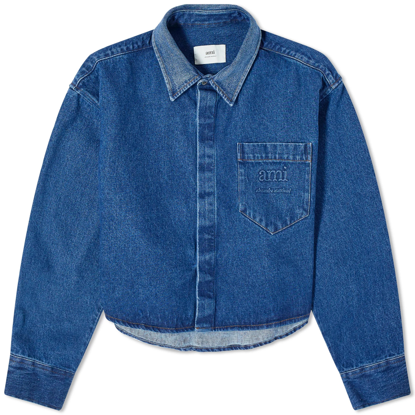 AMI Paris Women's Denim Logo Cropped Shirt in Blue, Size Small | END. Clothing