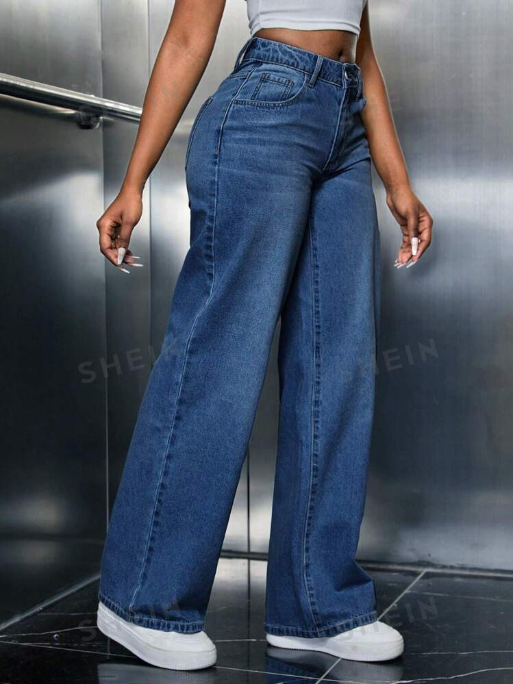 SHEIN Ladies' Wide Leg Denim Pants,Ladies Casual Button,Pocket,Zipper Drop Waist Wide Leg Long Me... | SHEIN