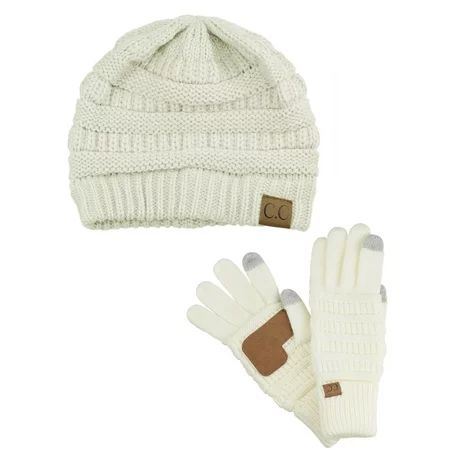 C.C Unisex Soft Stretch Cable Knit Beanie and Anti-Slip Touchscreen Gloves 2 Pc Set Ivory | Walmart (US)