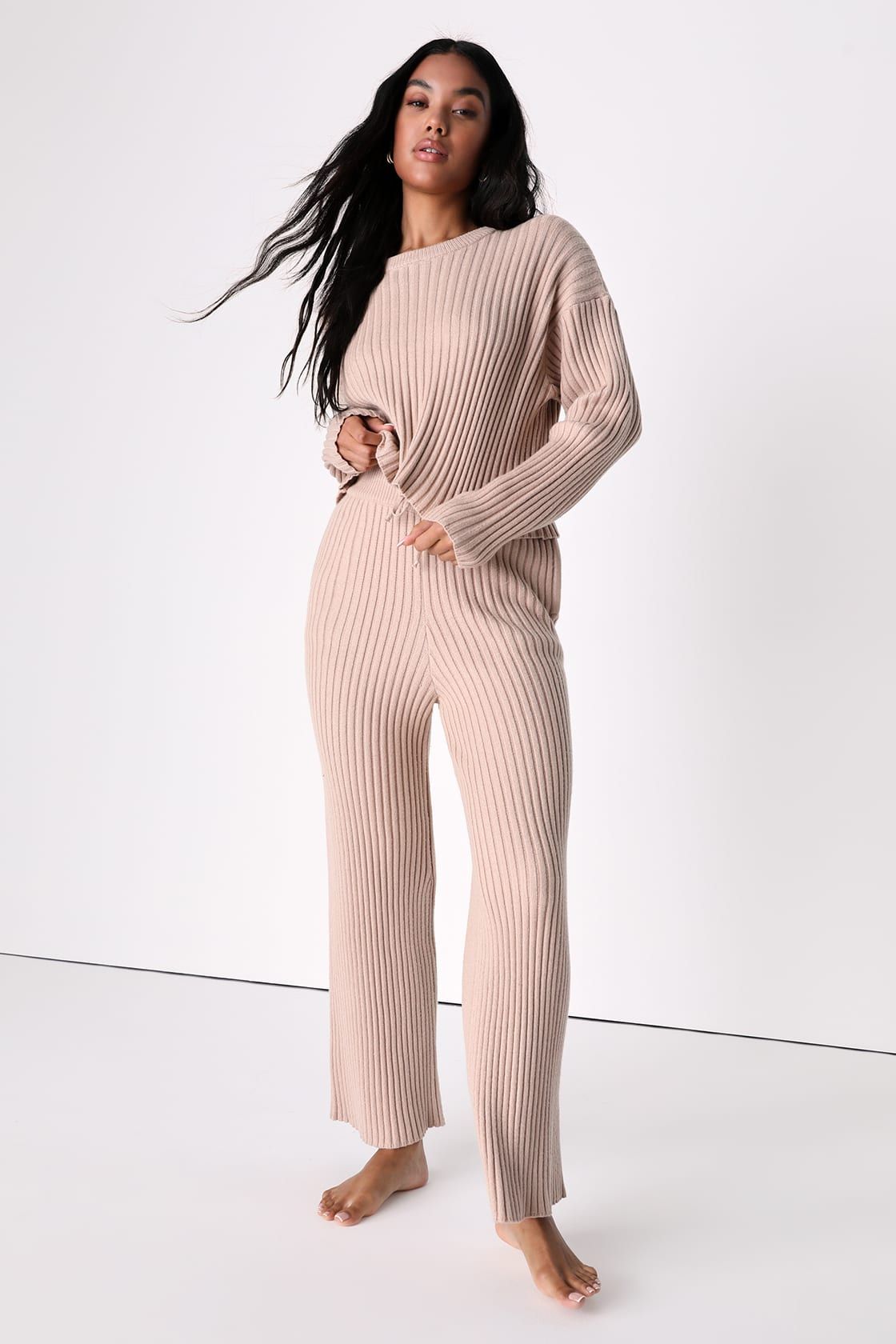 Ready to Cuddle Taupe Ribbed Knit Wide-Leg Pants | Lulus (US)