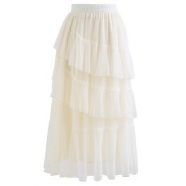 Airy Tiered Ruffle Mesh Tulle Midi Skirt in Cream | Chicwish