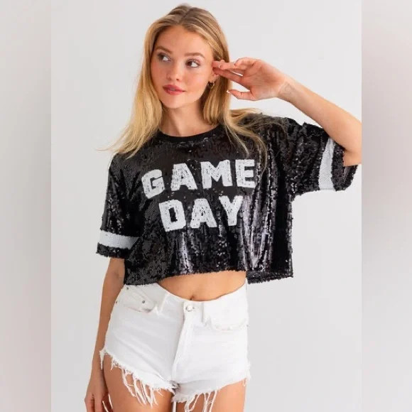 NWOT Sequined "Game Day" Crop Top Black/White Sz M | Poshmark