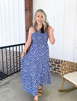 BTFBM Women One Shoulder Sleeveless Casual Summer Dresses Smocked High Waist Floral Print Boho Pl... | Amazon (US)