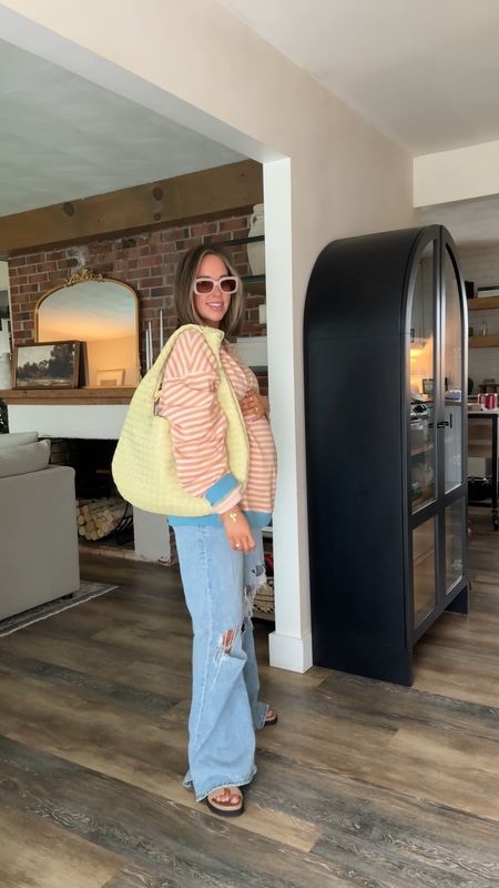 Weekend outfit for spring 🌸 Size medium in the free people top but could have def done a small, it’s massive!! 🩵 wearing my true size in the jeans, just have on my Amazon belly band and love it! 

33 weeks pregnant, 32 weeks, pregnancy bump style, LTK bump, American eagle jeans, wide leg jeans, Anthropologie bag 

#LTKbump #LTKitbag #LTKSeasonal