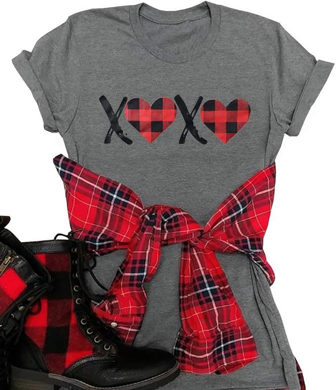 XOXO Plaid Heart Print Graphic T-Shirts Womens Valentine's Day Short Sleeve Tees Tops for Gift Wi... | Amazon (US)