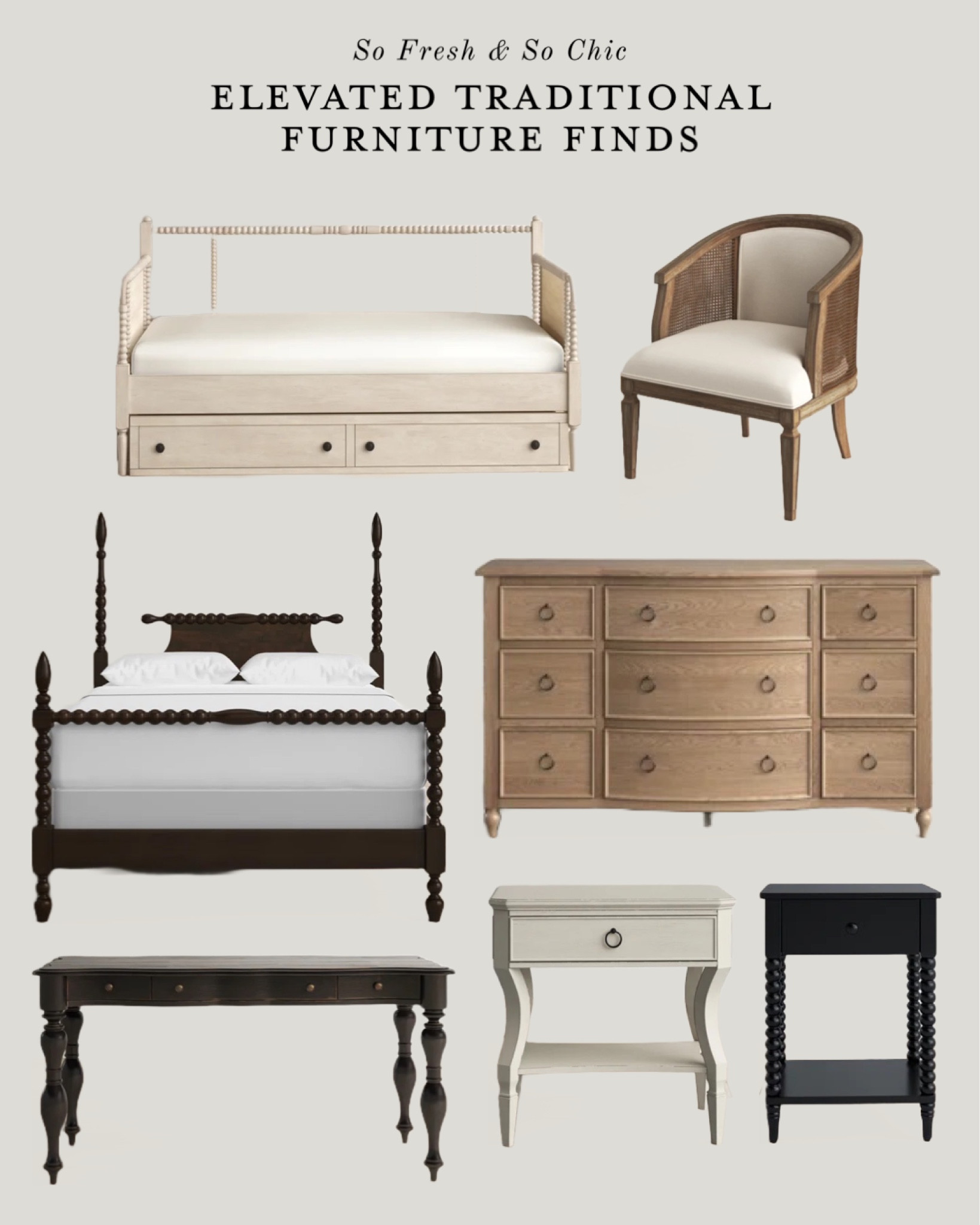 Elevated traditional furniture finds!
-
Cane armchair - antique style black bed - black nightstand - light grey nightstand - ivory daybed with trundle - traditional black desk - wood dresser 9 drawer - feminine furniture style - furniture sale - Wayfair sale - Birch Lane sale - top rated furniture - solid wood furniture - bedroom furniture 

#LTKsalealert #LTKhome