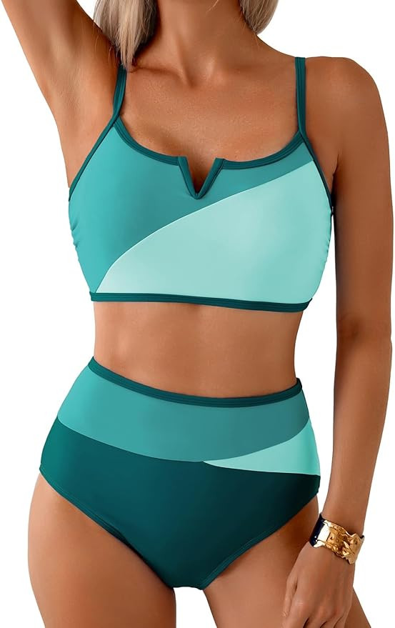 Herseas Women's High Waisted 2 Piece Bikini Sets V Wire Beach Summer Popular Swimsuits Colorblock... | Amazon (US)