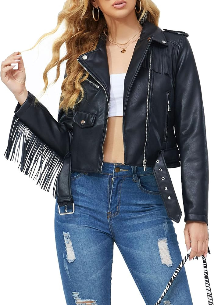 XULIKU Women Short Faux Leather Moto Jacket,Tassel Trim Lapel Zipper Up Pleather Coat Belted | Amazon (US)
