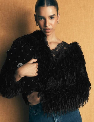 Boden Women's Faux Feather Tassle Jacket in Black | Size 6 | Boden (US)