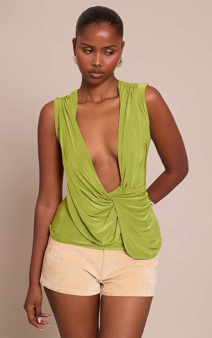 Olive Double Layer Cowl Drape Ruched Long Top | Tops | PrettyLittleThing UK