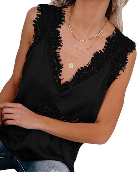Valphsio Womens Sexy Silk Tank Top Lace V Neck Loose Sleeveless Blouse Satin Cami Shirt Black | Amazon (US)