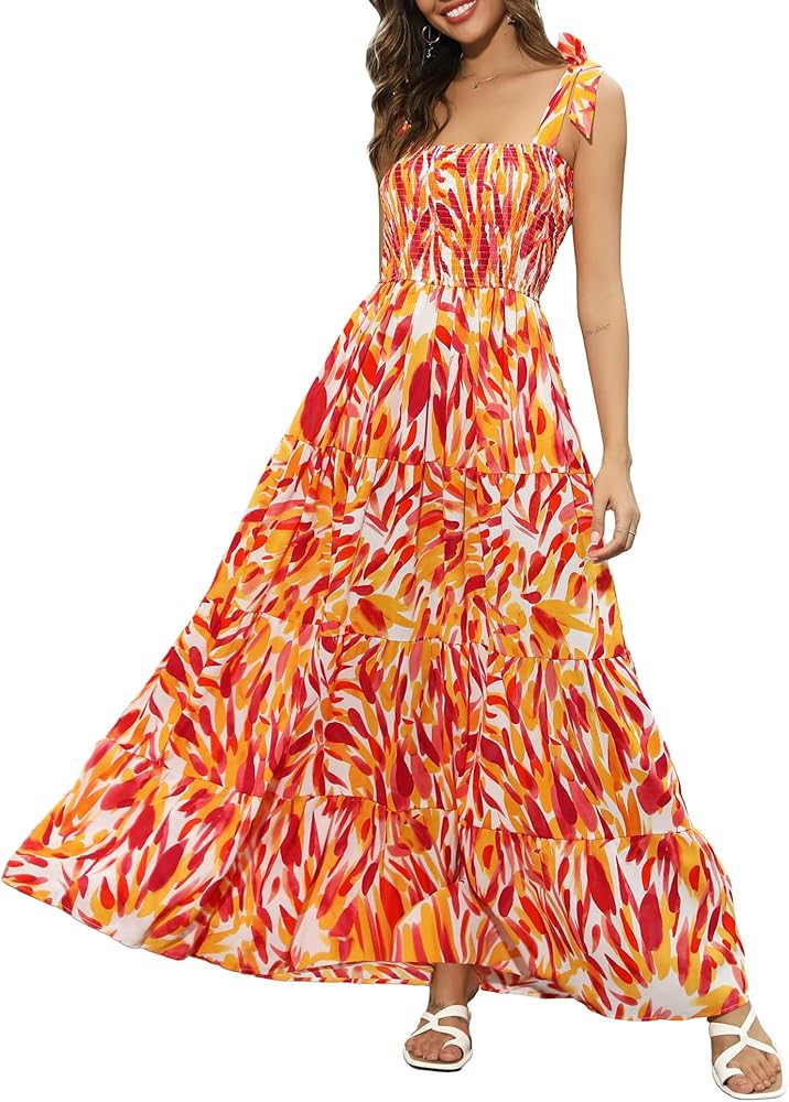 Kocowoo Women's 2023 Summer Maxi Dress Tie Front Sleeveless Ruffle Flowy Floral Print Boho Maxi S... | Amazon (US)