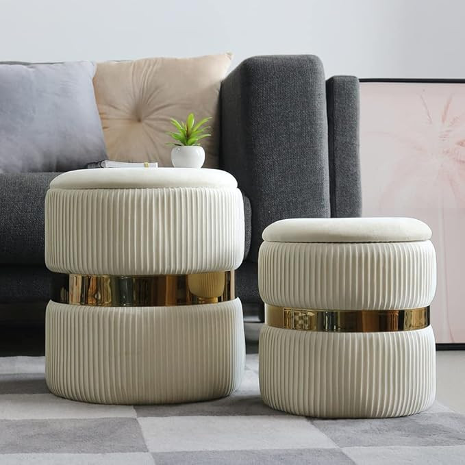 Round Velvet Ottoman with Storage Set of 2 Cream Velvet Storage Ottoman for Living Room Gold Otto... | Amazon (US)