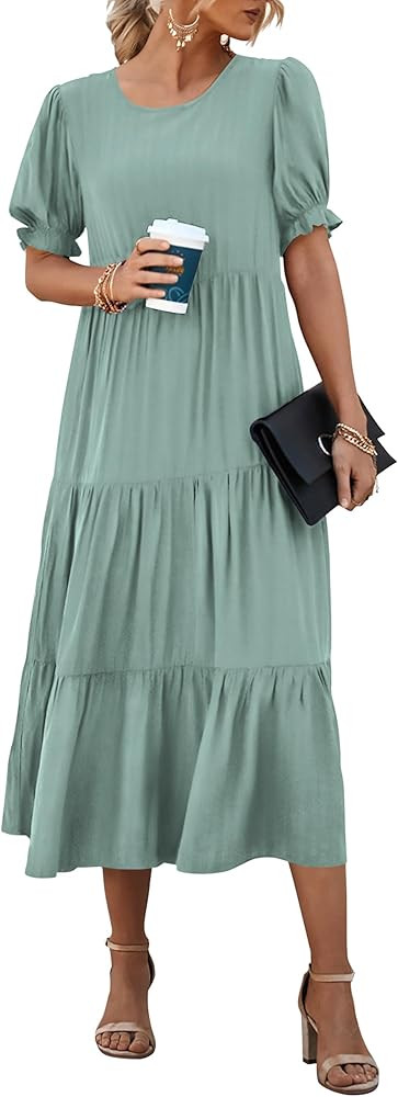 PRETTYGARDEN Women's Summer Casual Boho Dress Floral Print Ruffle Puff Sleeve High Waist Midi Bea... | Amazon (US)