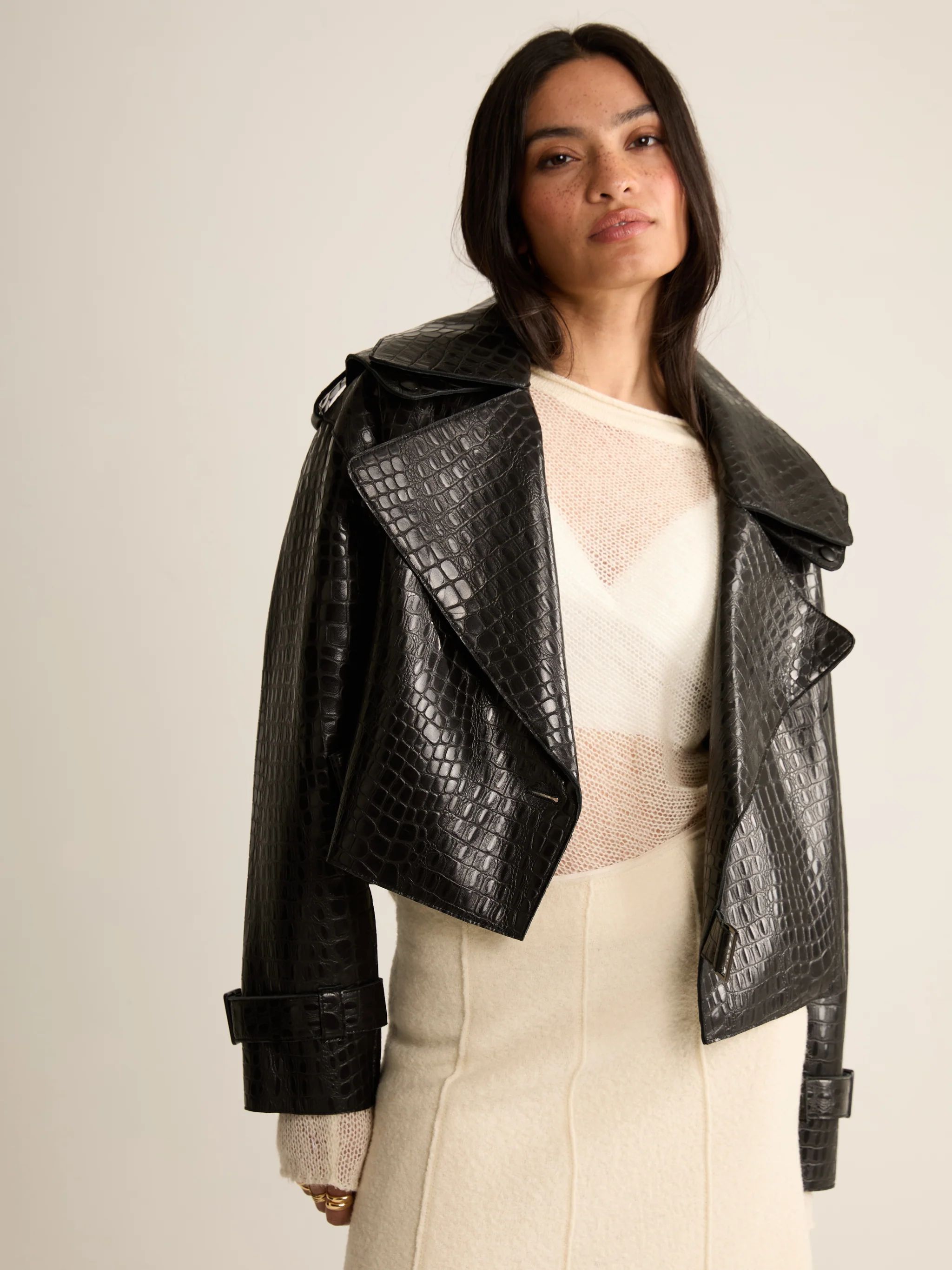 Black Croc Oversized Leather Jacket | Jane and Tash Bespoke