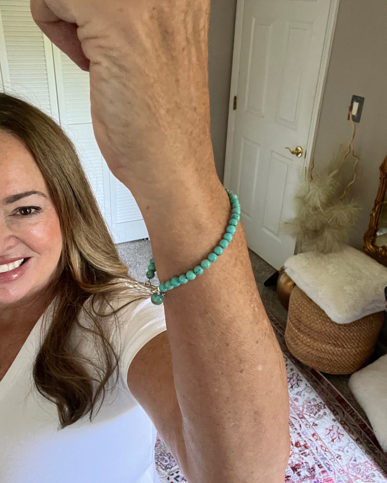 Real turquoise beads with a sterling silver clasp is the perfect layering piece for your summer jewelry stack

This bracelet showcases the beauty of 4mm and 6mm turquoise, featuring evenly sized beads for a streamlined appearance. The uniform shape gives the design a thoughtful and serene look. A sterling silver toggle closure adds a touch of contrast at the clasp. It is understated and versatile, seamlessly fitting into any jewelry mix. The piece comes with a “.925” sterling silver stamp as a symbol of guaranteed product quality.

#LTKHome #LTKBeauty #LTKselfcare