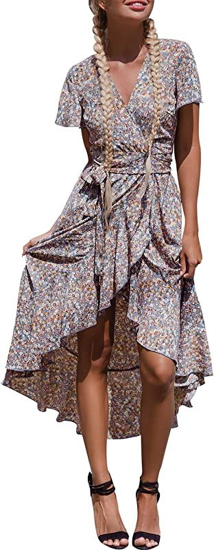 BerryGo Women's Boho V Neck Ruffle Floral Wrap Maxi Dress | Amazon (US)