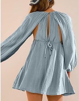 Shiyifa Women's Summer Mini Dress Casual Square Neck Long Sleeves Loose Sundress with Pockets | Amazon (US)