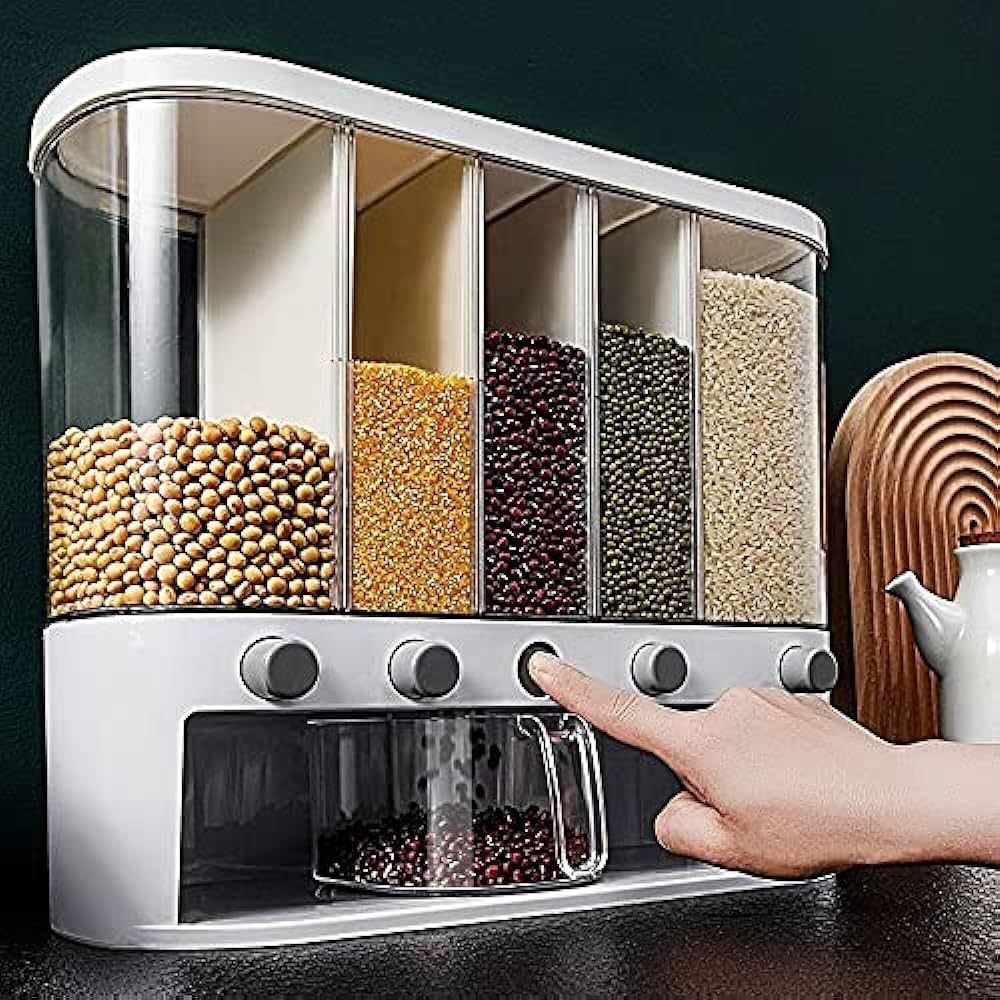 Xilei Dry Food Dispenser ,Wall mounted 5 Grid Cereal Dispenser,Rice dispenser 25 pounds Kitchen S... | Amazon (US)