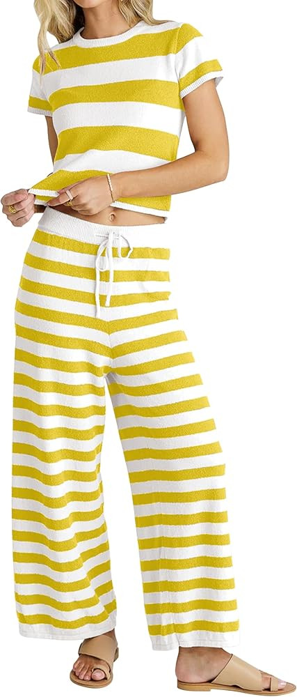 MISSACTIVER Women's Striped Two Piece Sweater Outfits Short Sleeve Pullover Tops and High Waisted... | Amazon (US)