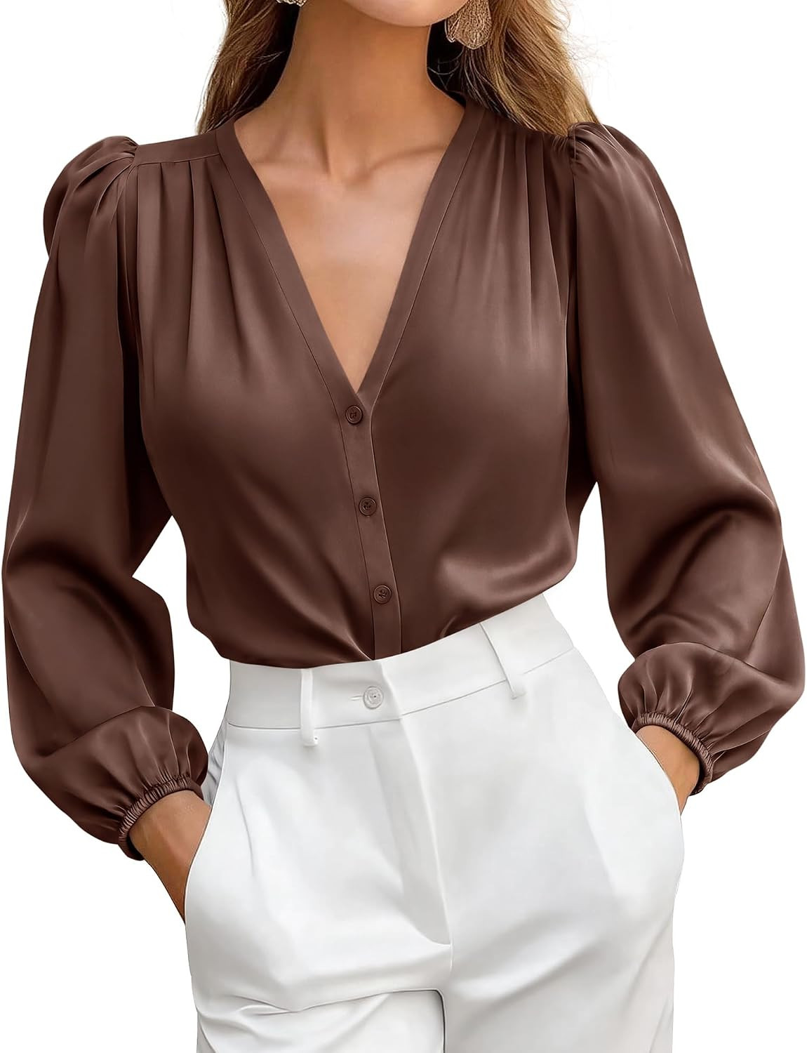 BTFBM Satin Blouses for Women Dressy Casual Button Down Shirts | Amazon (US)