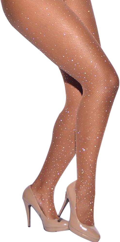 CHRLEISURE Women's Sparkle Rhinestone Fishnets Sexy Tights High Waist Stockings | Amazon (US)