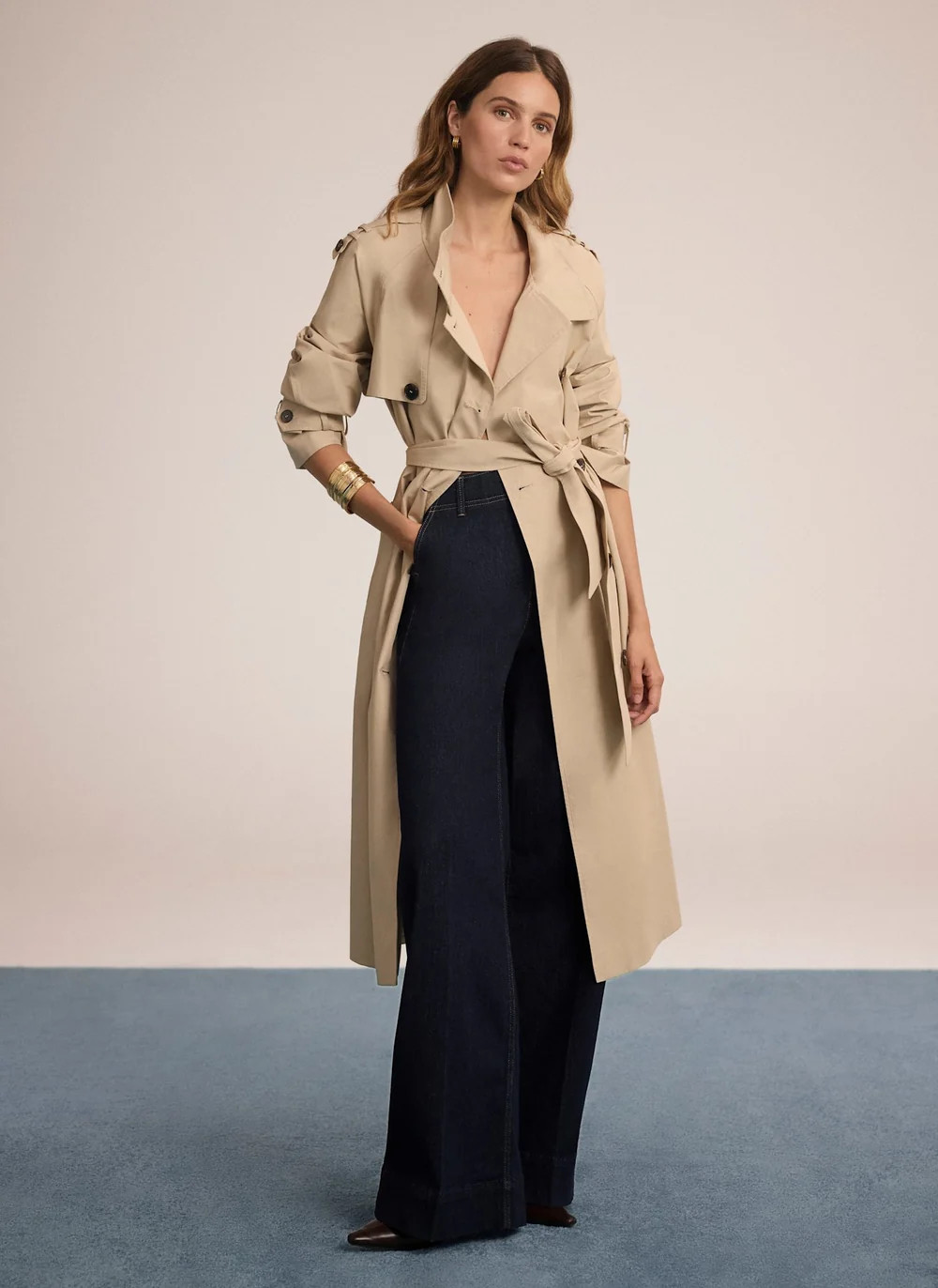 Neutral Cotton Funnel Neck Trench Coat | Mint Velvet