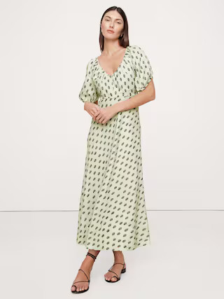 Viscose-Linen Ruched Long Midi Dress | Banana Republic (US)