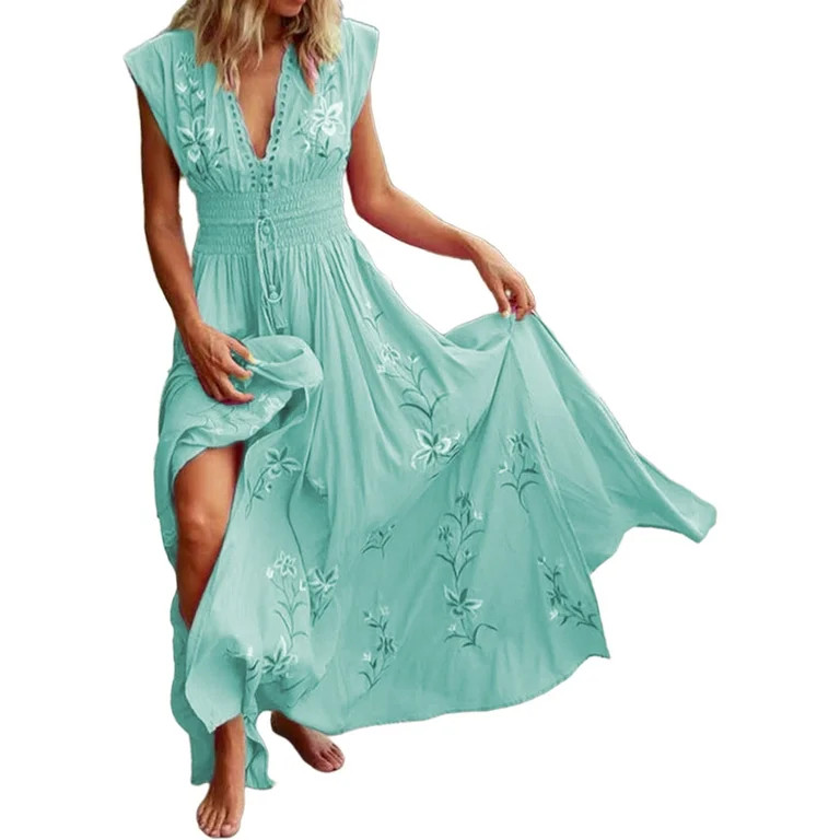 Niuer Hawaiian Summer Maxi Dresses Tunic Holiday Dresses For Women Floral Print Side Split Long D... | Walmart (US)