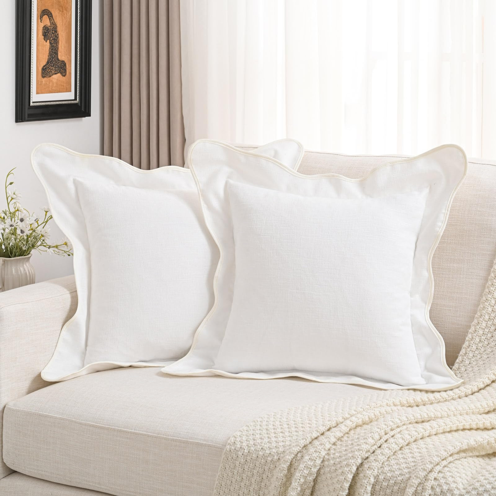 FUTEI White Chenille Throw Pillow Covers 18x18 Inch Set of 2,Double Stitch Scalloped Bordered Soft Square Cushion Case,Home Decor for Couch,Bed,Living Room | Amazon (US)