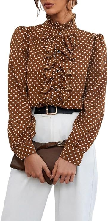 Womens Long Puff Sleeve Button Polka Dot Ruffle Trim Shirt Blouse Fashion Tops for Women | Amazon (US)