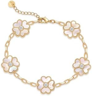 PAVOI 14K Gold Plated Clover Bracelets for Women - Flower Four Leaf Clover Bracelet - Mother of P... | Amazon (US)