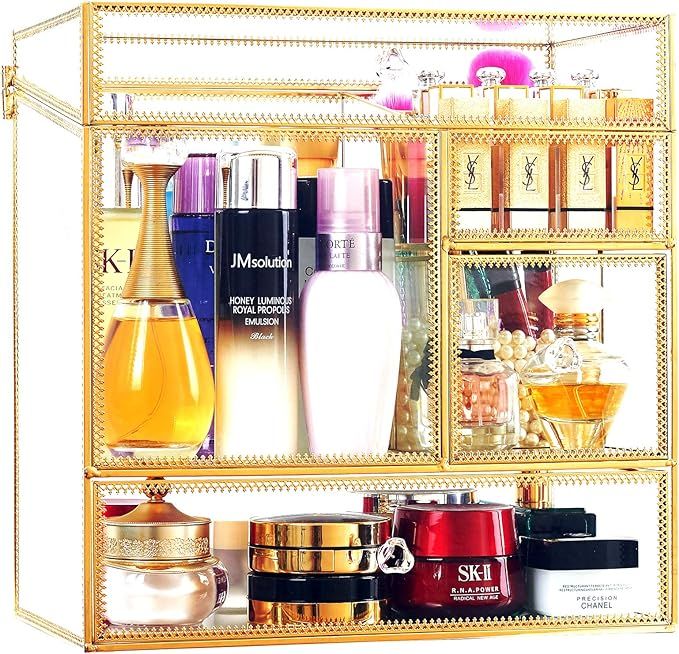 Stackable Glass Makeup Organizer Antique Countertop Vanity Cosmetic Storage Box Mirror Glass Beau... | Amazon (US)