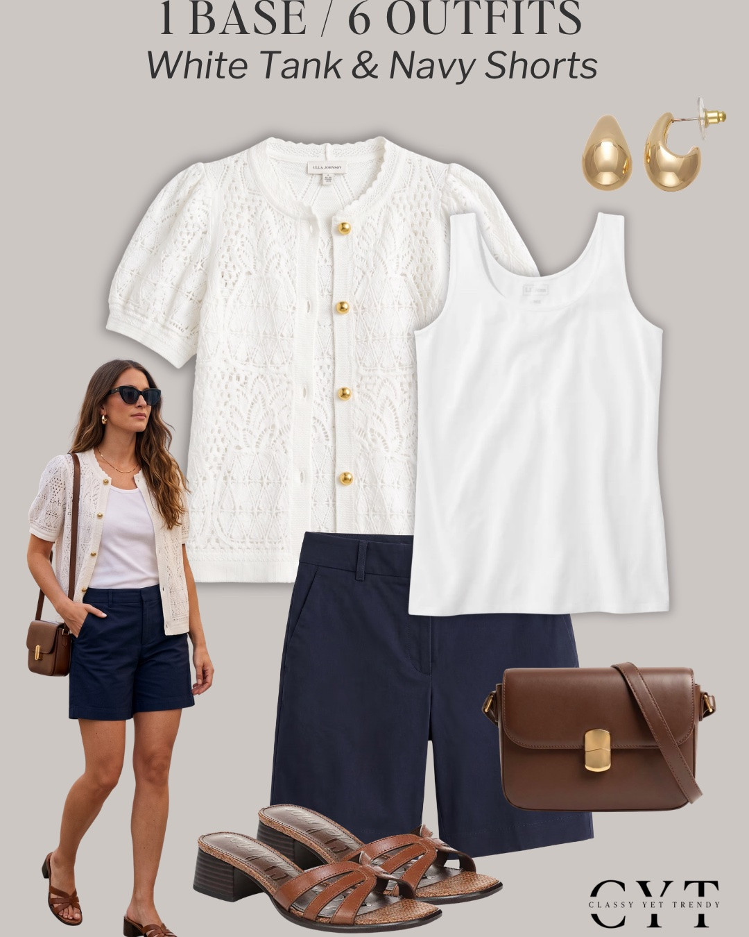 1 Base, 6 Outfits: Summer Edition 🎉 6 ways to wear two classic and timeless wardrobe staples: white tank and navy shorts (or black shorts) ✔️ Mix and match lightweight tops, shoes and accessories to create different looks. 

how to style, outfit ideas, elevated outfit, wardrobe essentials, chambray, button down shirt, casual sneakers, jelly flats, slide sandals, sandal heels, strap sandals

#summerstyle #summeroutfits #howtowear #stylinginspo #styletips