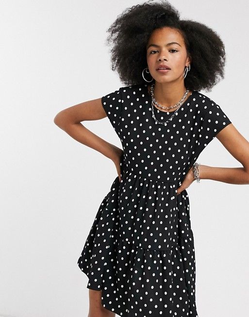 Bershka tiered polka dot smock dress in black | ASOS (Global)