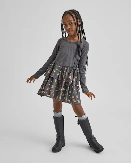 Girls Floral V-Waist Dress - gray | The Children's Place
