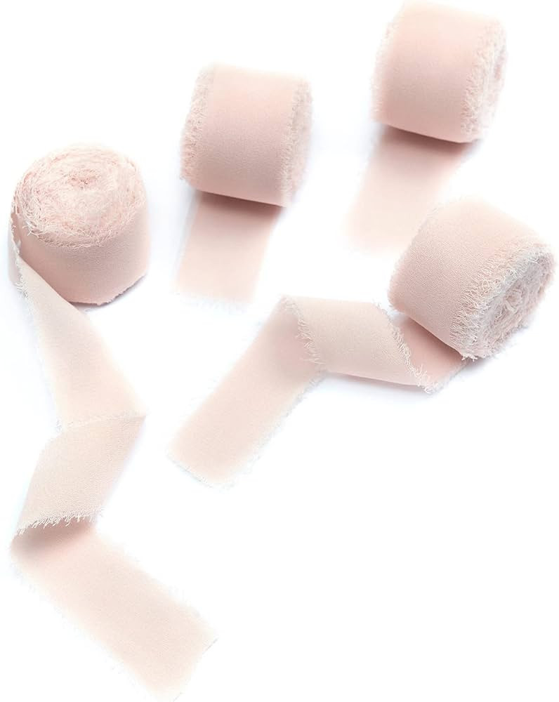 4 Rolls Light Pink Handmade Fringe Chiffon Silk Ribbon 1" x 5 Yd (4 Rolls 20 Yards)for Wedding In... | Amazon (US)