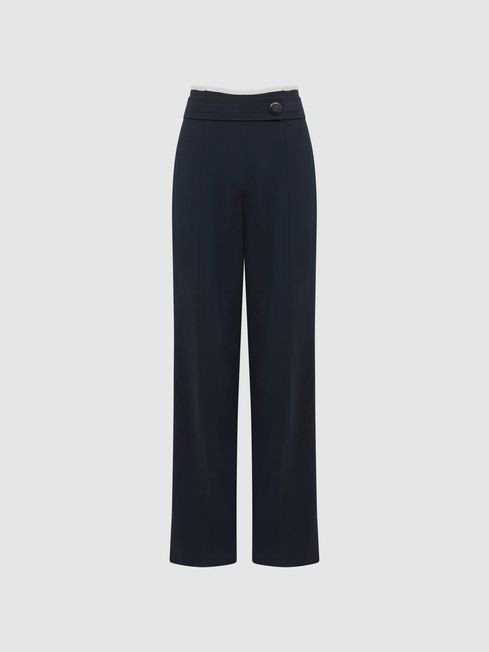 Reiss Navy Lina Regular High Rise Wide Leg Trousers | Reiss UK