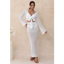 Tie-Knot Open-Knit Crochet Wrap Top and Maxi Skirt Set in White | Chicwish