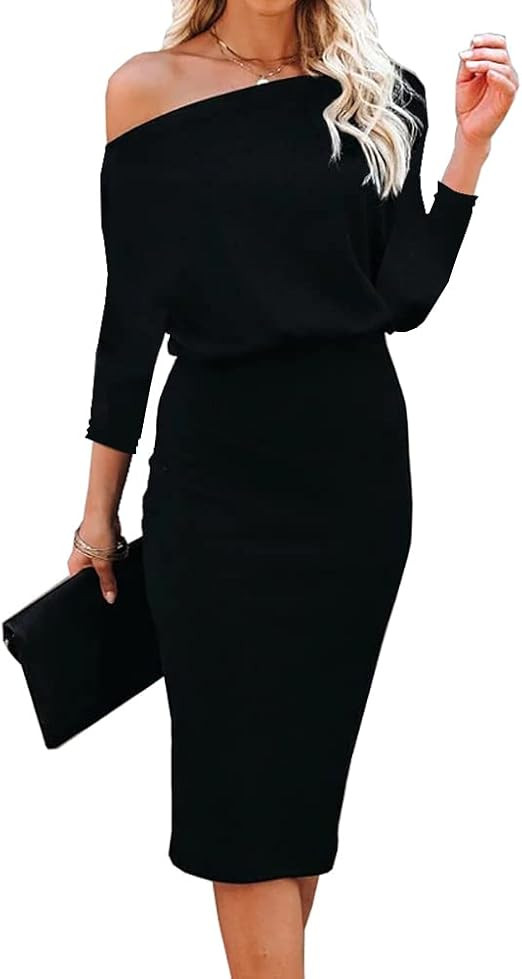 Ezbelle Women's Off The Shoulder 3/4 Sleeve Batwing HIPS-Wrap Pencil Party Sexy Bodycon Midi Dres... | Amazon (US)